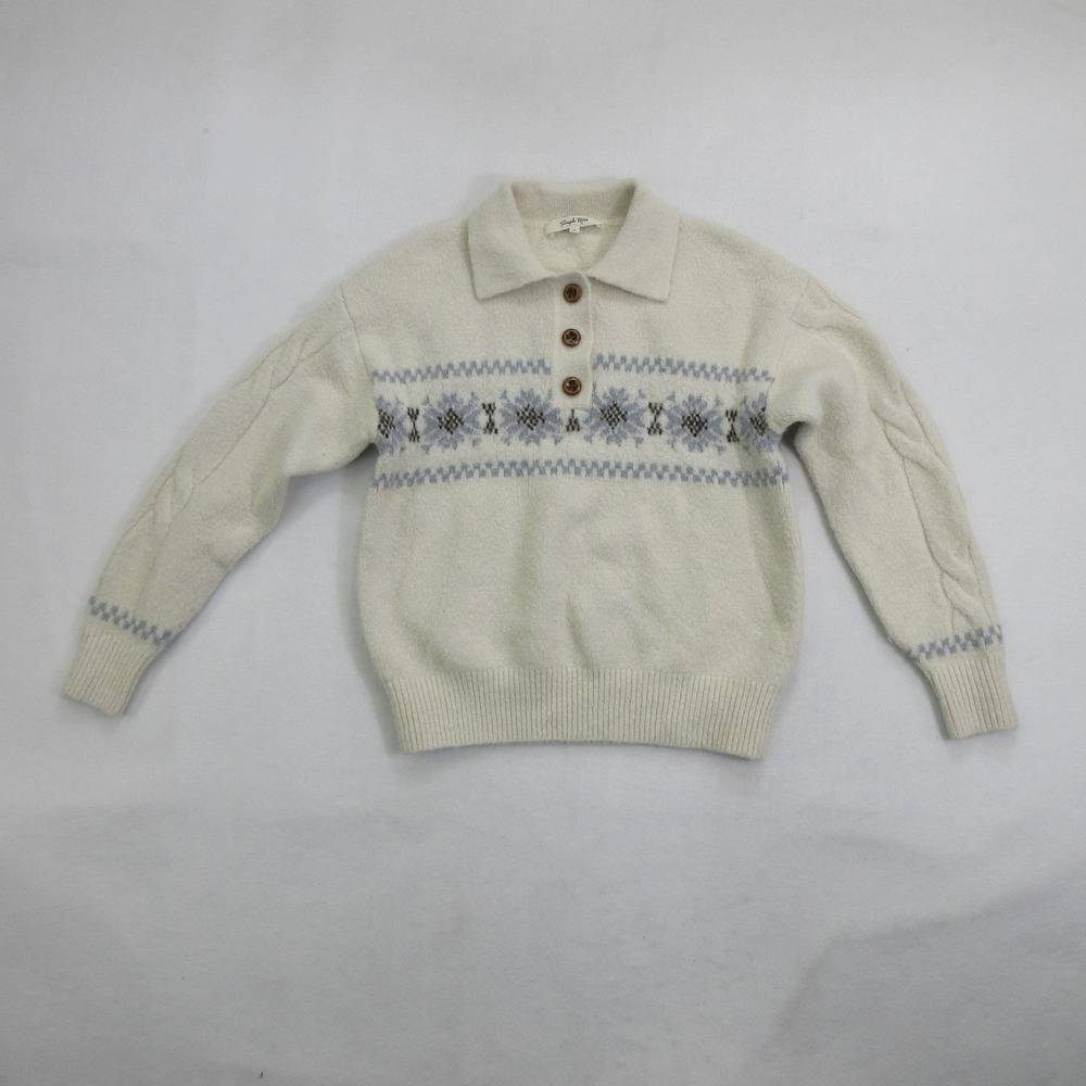 Simple Retro Sweater S Pullover Fair Isle Cable Sleeve Collared Polo Cream